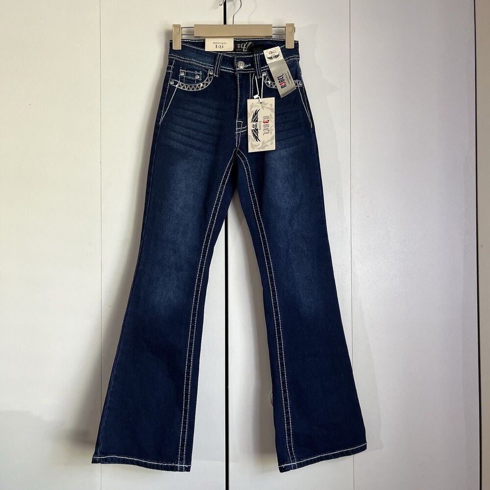 NWT R3BEL Jeans Women's Dark Wash Bootcut Rhinestone Embroidered Jeans 1/23